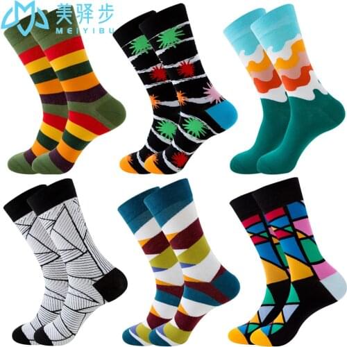 6 Pairs Hip Hop Men/Women Socks Combed Cotton Happy Print Art Funny Socks Men Casual Crew Skateboard Socks Wholesale