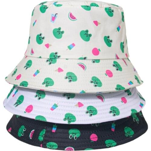 Unisex Fashion Cute Black White Fruit Frog Bucket Hats Women Fisherman Caps New Summer