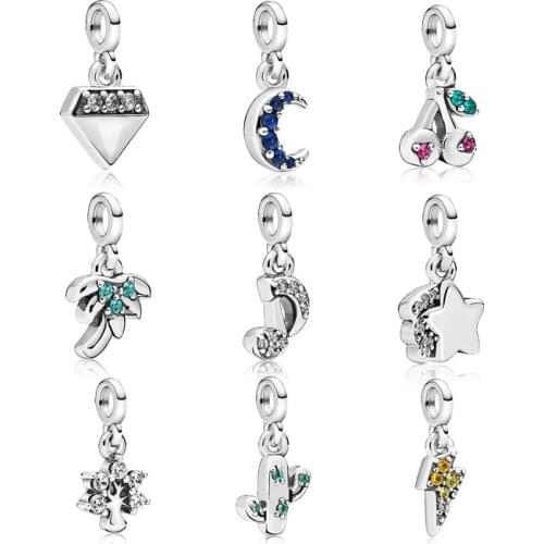 Silver color palm tree fmily tree star moon cherry pendant dangle diy bead fit Original Pandora charms Bracelet for women A487