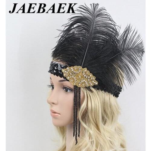 JAEBAEK 1920s Flapper Headband Roaring 20s Sequined Showgirl Headpiece Great Gatsby Headband with Black Feather