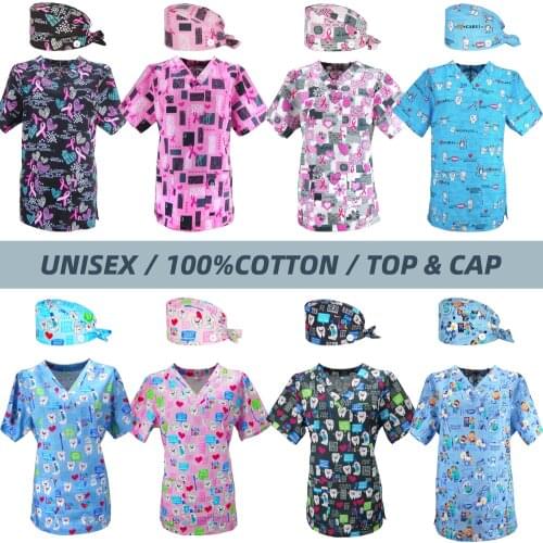 Teeth Print Uniforms Top Working Nursing Uniform for Women Men Lab Dental Clinic Doctors Nurse Spa Fashion Scrubs Tops and caps