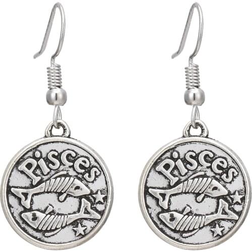 Pisces 1pair Vintage SIlver 12 Constellation Earring Gemini Cancer Dangle Charms Earrings For Women Fashion Jewelry