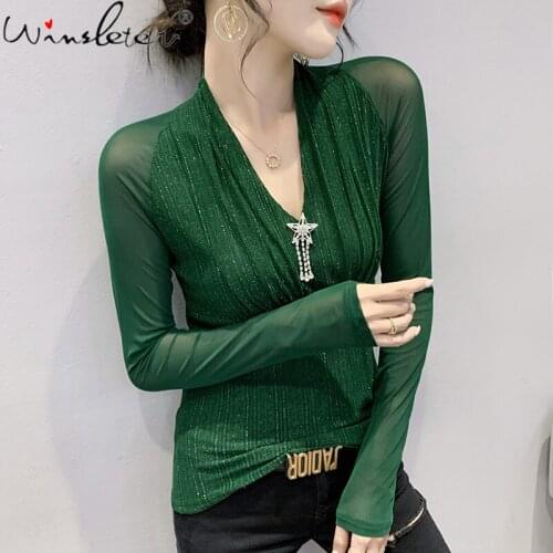 Spring Fall European Clothes T-Shirt Fashion Sexy V-Neck Patchwork Mesh Shiny Women Tops Long Sleeve Elastic Tees 2021 T18631A