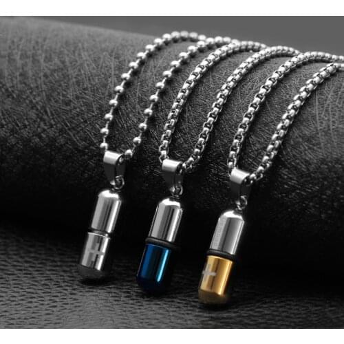 Titanium Steel Cool Mens Punk Open Capsule Necklace Women Pills Cross Pendant Cremation Urn Necklace for Dog Ash Holder Jewelry