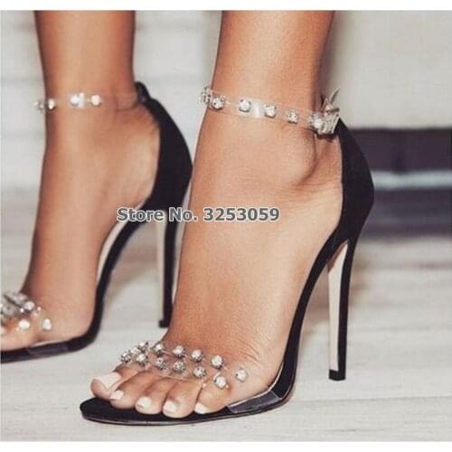 ALMUDENA Women Bling Bling Crystal Sandals High Heels Clear PVC Single Strap Rhinestone Dress Shoes White Black Gladiator Shoes