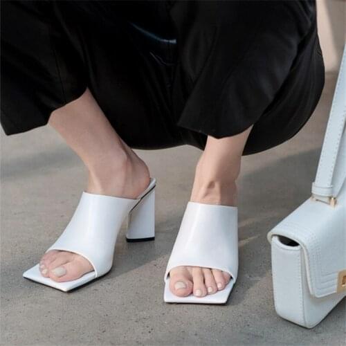 PXELENA Chic Strange High Heels Slides Lady Outside Open Toe Genuine Leather Summer Slippers 2021 Women Shoes Party Date White