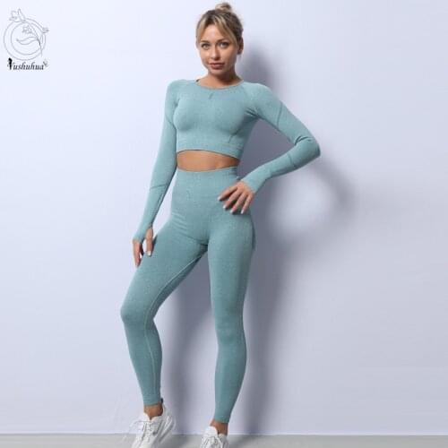 2021 2PCS Seamless Women Yoga Set Workout Sportswear Gym Clothing Fitness Long Sleeve Crop Top High Waist Leggings Sports Suits
