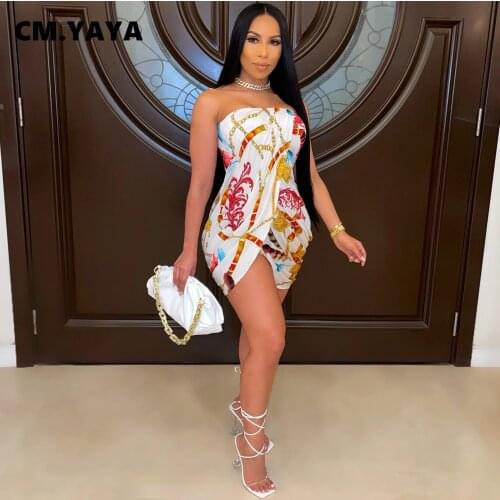 CM.YAYA Women Mini Dress Print Sleeveless Strapless Strechy Bodycon Dresses Sexy Night Club Party Vestidos Summer Outfits 2021
