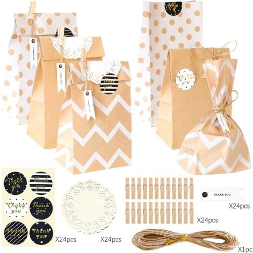 24sets Thank You Kraft Paper Bags Dots Zigzag Wedding Birthday Party Favor Bag Packing Bakery Gift Cookies Wrap Supplies