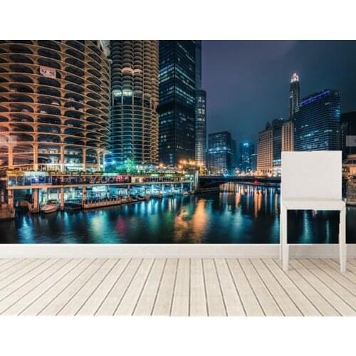 Custom 3d murals,Skyscrapers River Chicago city Night Street lights city wallpapers,living room TV wall bedroom papel de parede