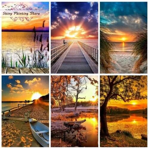 DIY 5D Diamond Embroidery Sunset Scenery Beach Lake Boat Full Square Round Drill Handmade Gift Diamond Painting Home Decoration