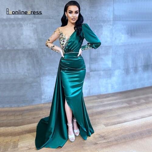 Bbonlinedress Green Mermaid Prom Dress Satin O-Neck Sleeves Beading Split Muslim Evening Dresses 2021 vestiti eleganti sera