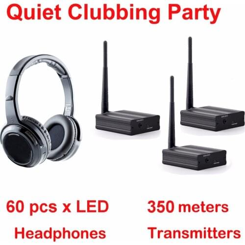 Silent Disco complete system 350m led wireless headphones - Quiet Clubbing Party Bundle (60 Headphones + 3Transmitters)