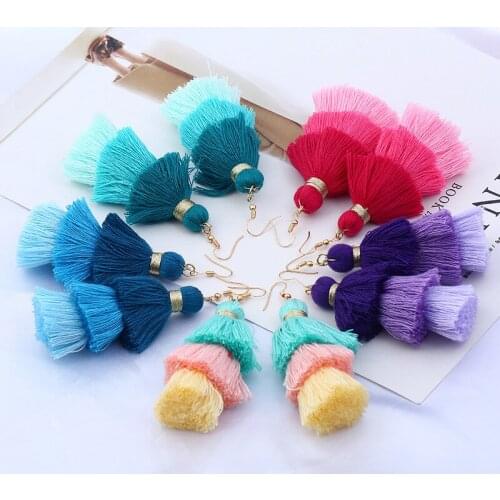 Bohemia Fashion Colorful Cotton 3 Layer Tassel Dangle Earrings For Women Summer Simple Long Dangle Fringe Drop Brincos Bijoux