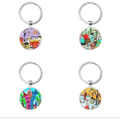Key To The New House Colorful House and Tree Keychain 25mm Glass Dome Cabochon Personality Key Ring Jewelry Gift