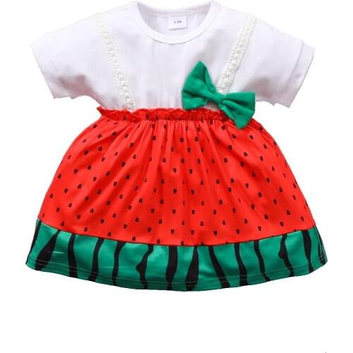 Children girl baby cartoon abstract watermelon print bow elastic waist dress cute princess dress