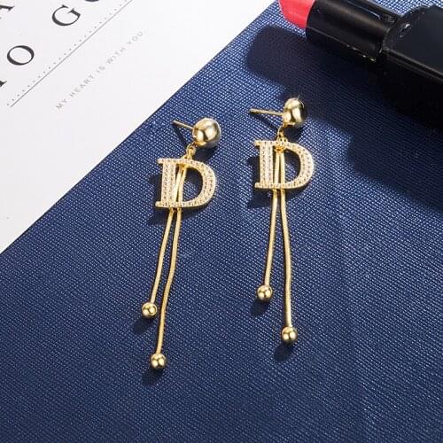 DIWENFU Real Diamond D Letter Tassel Long Earrings Girl 14K Gold Jewelry Aretes De Mujer Party Orecchini Drop Earrings for Women