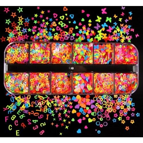 Fluorescence Butterfly Flower Shapes Nail Art Glitter Flakes 3D Neon Heart Mixed Various Sequins For Gel Polish Nail Decorations