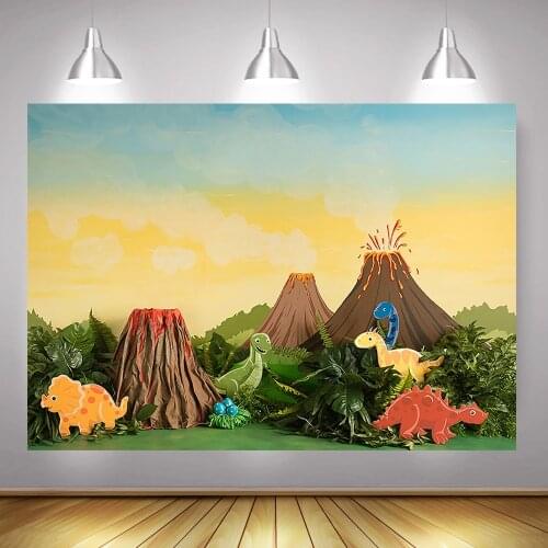 Photography Backdrop Dinosaur Jungle Forest Photocall Cartoon Jurassic Children Birthday Baby Photo Background Volcanic Dusk