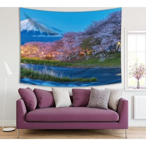 Tapestry Cherry Blossom and Mount Fuji at Sunset Spring Festival Tourist Attraction Landmark View Pink Green Blue