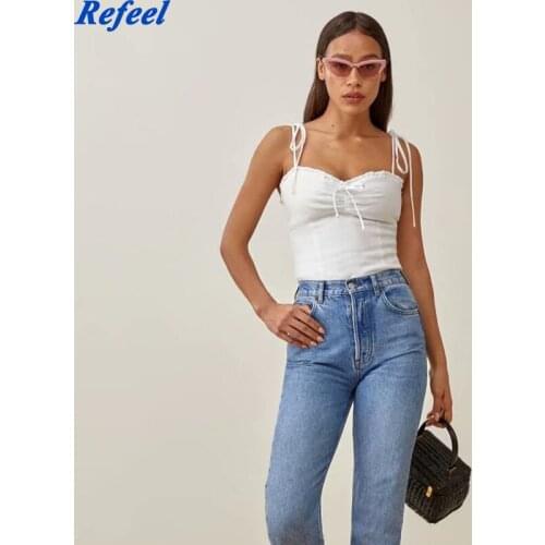 Fashion Adjust Spaghetti Straps Women Camisole Elegant Center Bow Tank Top Vintage White Elastic Top