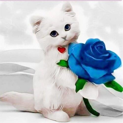 Blue rose diamond painting full drill white cat valentines day present wall art wedding decals needlework cross stitch diy gifts