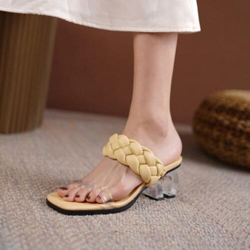 New Coarsely Woven PVC Transparent Crystal Clear Strange N Letter Mules Slippers High Heel 6CM Shallow Square Toe Designer Shoes