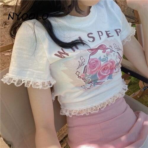 NYOOLO Harajuku Rose Flower Print Lace Patchwork Short Sleeve Y2K T-Shirt Women Kawaii Clothes Summer 90s Sweet Girls White Tops
