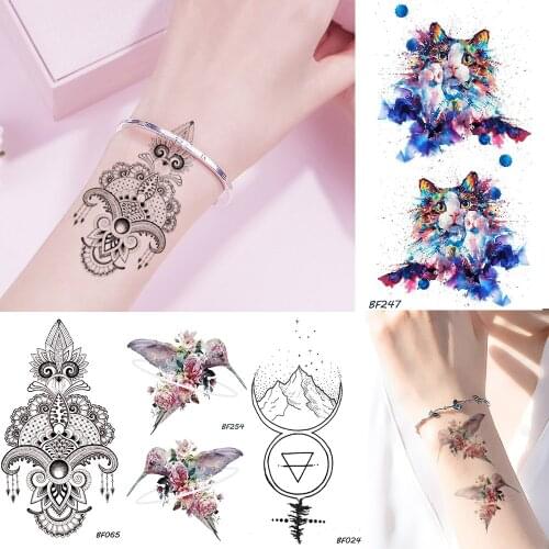 Women Henna Flower Fake Jewelry Temporary Tattoo Flash Cat Birds Hummingbird Waterproof Fake Tatoos Body Art Arm Tattoo Stickers