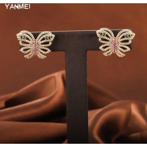 Hollow Luxury Butterfly Small Earrings for Women Cute Girl Earrings Retro Shiny Colorful Cubic Zirconia Elegant Banquet Jewelry