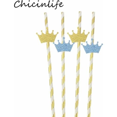 Chicinlife 10Pcs Crown Paper Straws Happy Birthday Party Baby Shower Princess Prince 1st Birthday Drinking Straw Wedding Supplie