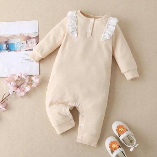 Spring Fall Winter Baby Pajamas Romper Sweet Solid Lace Ruffles Long Sleeve Baby Romper Home Casual Soft Baby Girl Clothes 0-18M