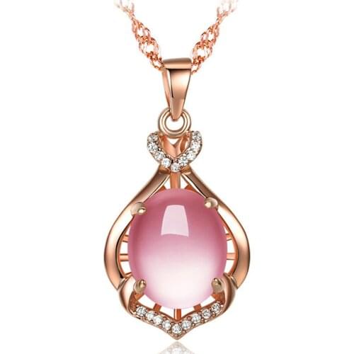 Pink crystal zircon diamonds pendant necklaces for women femme Rose gold chain choker jewelry bijoux bague girlfriend gift party