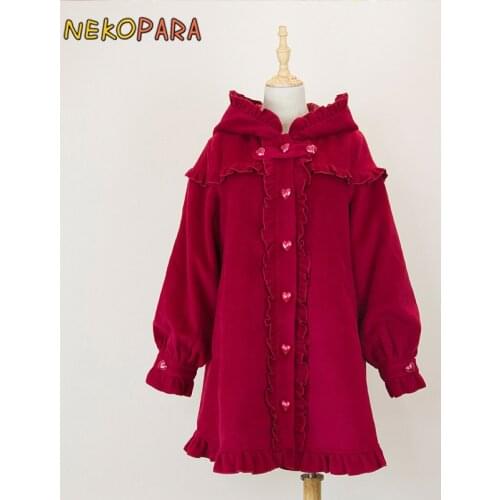 Cute Girls Winter Wool Blend Little Red Hat Cape Cat Ears Hooded Coat Ruffles Trim Kawaii Lolita Outwear Womens Coats