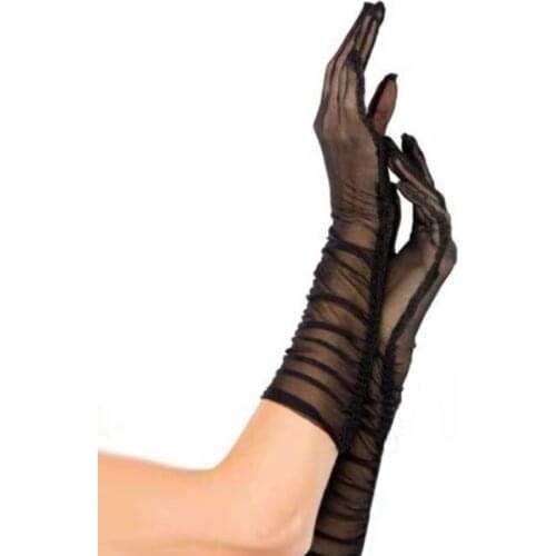 Women Sexy Pearl Hollow Mesh Transparent Black Cosplay Halloween Ball Party Nightclub High Elasticity Etiquette Long Gloves