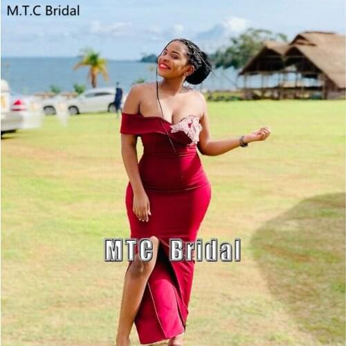 Sexy Burgundy African Prom Dresses With Slit Off The Shoulder Sheath Short Wedding Party Gowns Plus Size Formal Dress Cheap