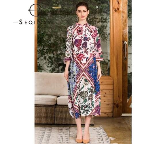 SEQINYY Boho Midi Dress 2020 Spring Summer New Fashion Design Women Runway Half Sleeve Flowers Print Loose High Quality