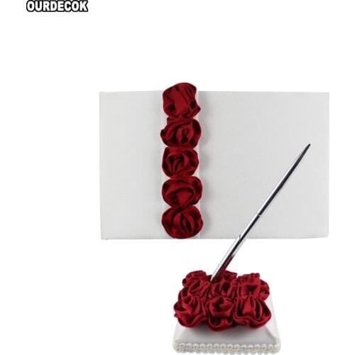 2Pcs/set Red/pink Rose Decor Wedding Satin Guest Book&Pen Set for Bridal Decoration Product Supplies