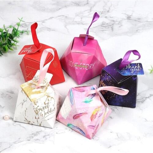 20pcs/lot New Colorful Polyhedron Boxes With Ribbon Bow Tag Present Carton Pouch Kraft box Gift Boxes Wedding Party Supply