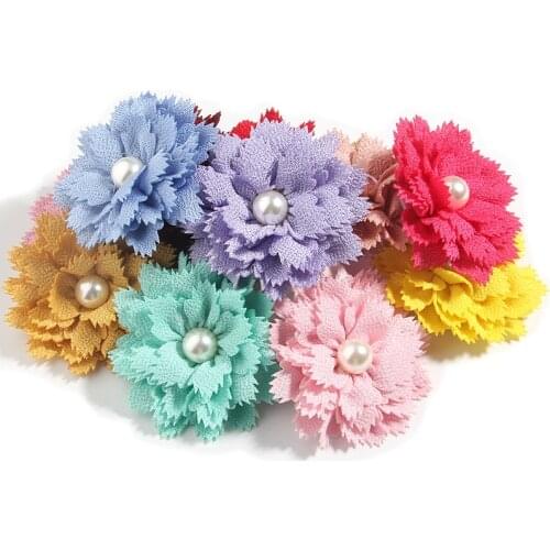200Pcs 7.5cm 3" Satin Fabric Flowers For LaceTrim Patch Applique Pearl Mesh Gauze Artificial Flower Boutique For Wedding