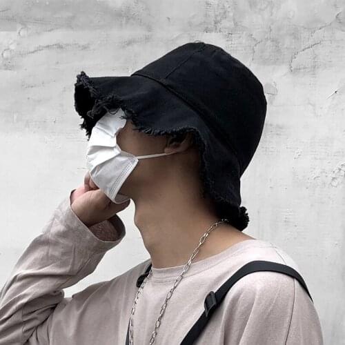 2020 Rough Selvedge Black Bucket Hat Men Women Harajuku Hip Hop Hat Fishing Cap