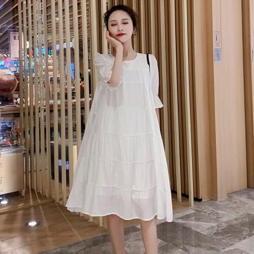 5852# Maternity Clothes Summer Chiffon O Neck Easy Matching Loose Stylish Dress for Pregnant Women Pregnancy Clothes