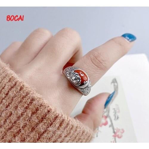 999 pure silver sterling silver retro silver craft ring womens open silver inlaid southern safflower jewelry ring