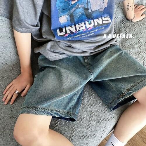 Washed Wide-leg Jeans Mens Old High Street Retro Blue Straight Shorts Oversize Loose Overalls Pants Trend Summer Jean Thin