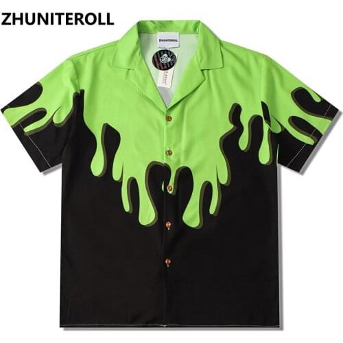 2021 Green Paint Print Hawaiian Beach Shirts Hip Hop Button Shirt Mens Summer Fashion Short Sleeve Holiday Party Blouse Tops