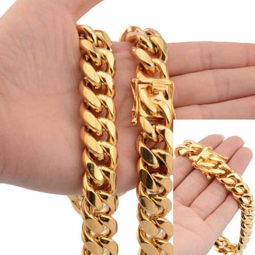 12mm Hiphop Men Jewelry set Miami Cuban Curb Link Chain Necklaces Bracelet Stainless steel Golden Mens Lock Clasp Necklace