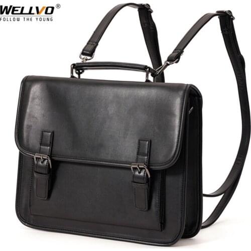 Korean Satchel Handbag Student School Bag PU Leather Messenger Bags Vintage Multifunctional Men Shoulder Bag Tote Bagpack X75C