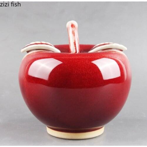 Red Glaze Ceramic Apple Classical Porcelain Crafts Statue Fruit Ornaments Living Room Decoration Handicrafts Statue Home Decor