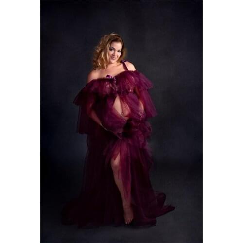 Fashion Elegant Custom Made Materity Gown Long Sleeve Tiered Ruffles Floor Length Tulle Bathrobe Party Prom Pajamas