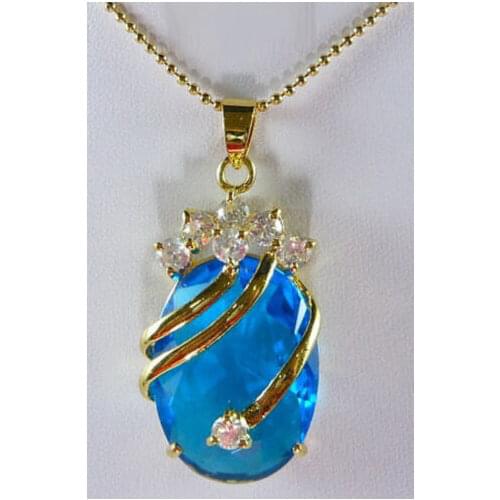 Sky-blue Cubic Zirconia Sapphire Gold Plated Crystal Pendant Chain Necklace